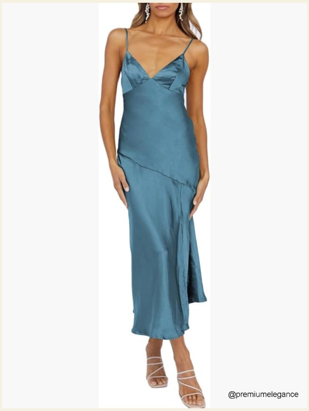 Satin V Neck Midi Dress Spaghetti Strap Backless Slit